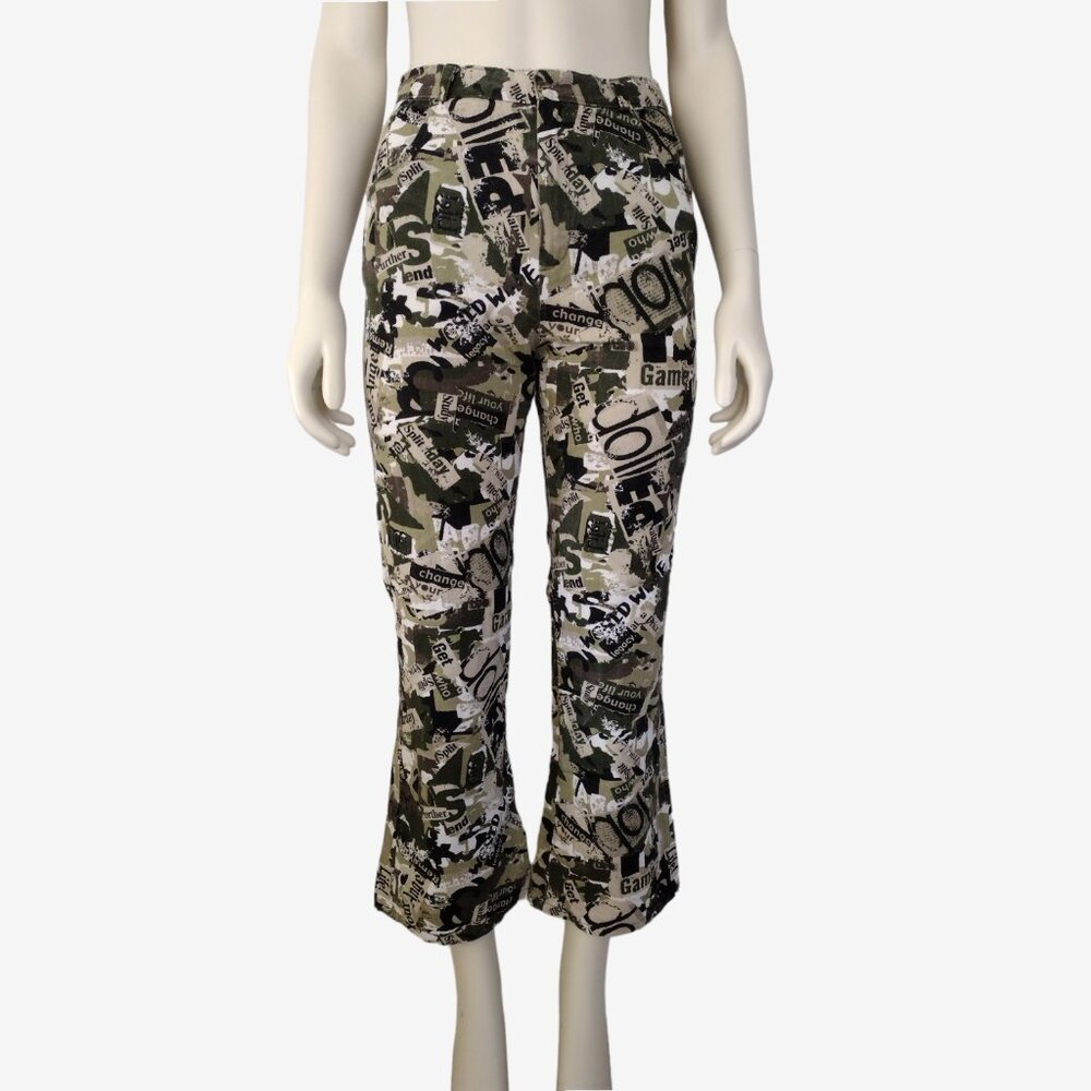 Vintage 1990s Camo Newspaper Print Flare Leg High Waist Cotton Pants